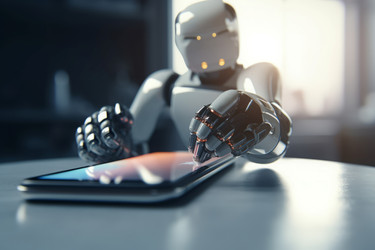 Рука робота держит смартфон. Генерировать искусственный интеллект - yliv