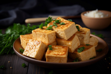 блюдо с обжаренным тофу, украшенное зеленью. вегетарианский соевый продукт, обжаренный кусочками на тарелке. генеративный контент - yliv
