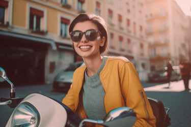 Улыбающаяся счастливая женщина едет на скутере. Генерировать искусственный интеллект - yliv