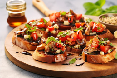 Вкусные брускетты с бальзамическим уксусом на гарнир. Кухня хлеб свежее домашнее блюдо. Генерировать искусственный интеллект - yliv