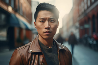 Азиатский мужчина коричневую куртку. Улыбчивый парень. Создать ИИ - yliv