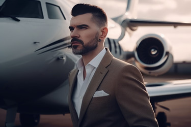 Confident businessman suit airplane sitting. Air vehicle network business lifestyle. Generate Ai - yliv
