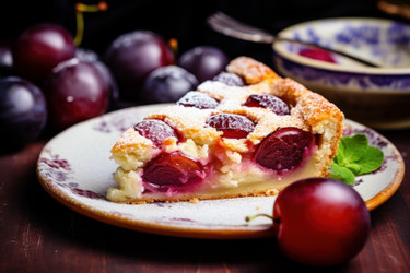 Кусок вкусного пирога со сливами домашней тарелка десертная. Создать ИИ - yliv