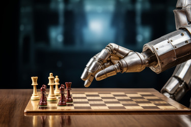 Robot with knight over wooden chessboard closeup. Generate Ai - yliv