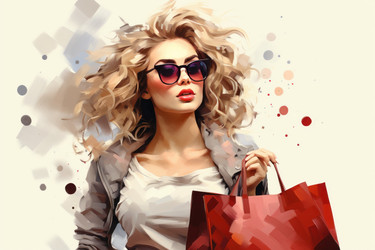 Женщина с хозяйственными сумками на светлом фоне. Распродажа со скидкой happy clothes sale. Генерировать искусственный интеллект - yliv