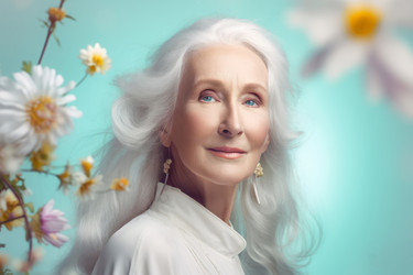 Old woman closeup with studio flowers. Generate Ai - yliv