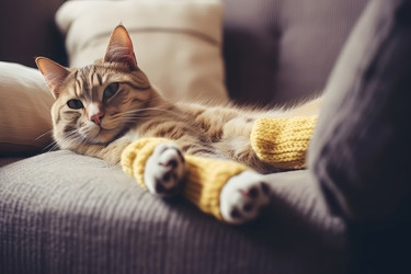 кошка отдыхает на диване в комнате. симпатичный портрет животного кошачьей породы. генеративный контент - yliv