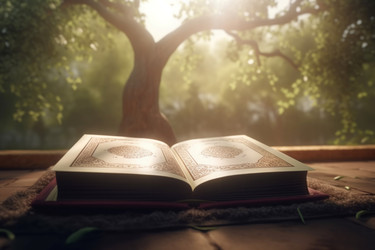 Священный Коран открыт. Религиозная и монашеская книга лежит на деревянном столе леса. Генерировать искусственный интеллект - yliv