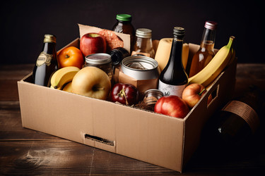 продукты для пожертвований в картонных коробках. предоставление пожертвований службе волонтерской помощи. генеративный контент - yliv
