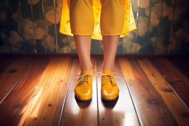 Beautiful woman legs with yellow shoes on wood floor. Generate Ai - yliv