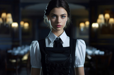 Girl maid uniform on blurred background. Night hotel service staff worker. Generate Ai - yliv