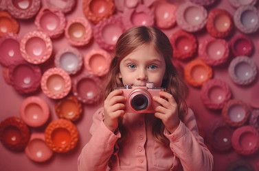 Маленькая девочка держит в руках розовый фотоаппарат. Ребенок с фотографическим устройством на фоне розовой стены. Генерировать искусственный интеллект - yliv