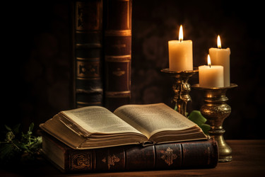 Old book and candles on wooden table. Art paper candle blank antique. Generate AI - yliv