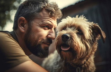 Man playing pet dog. Happy pet owner animal friend. Generate Ai - yliv