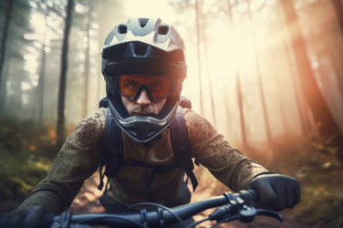 Mountain biker forest trail. Brave and extreme person rides powerful motorcycle. Generate AI - yliv