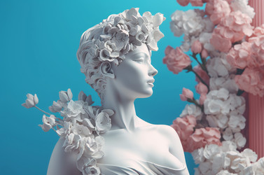 Female sculpture spring flowers. White mythology architecture statue with blossom garden flora. Generate ai - yliv