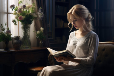молодая женщина читает книгу в домашнем интерьере в кресле. отдыхайте с комфортом, уютно, спокойно учитесь. генеративный контент - yliv