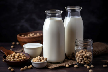Бутылки из-под веганского молока. Пищевой натуральный веганский продукт из натурального стекла. Генерировать искусственный интеллект - yliv