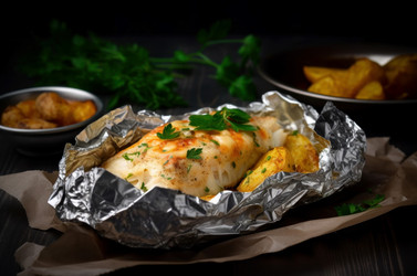 Картофель фри рыба блюдо. Морепродукты запеченные филе и жареного картофеля. Создать ИИ - yliv