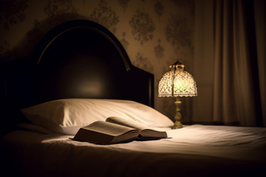 Открытая книга на кровати, освещенная лампой. Генерировать искусственный интеллект - yliv