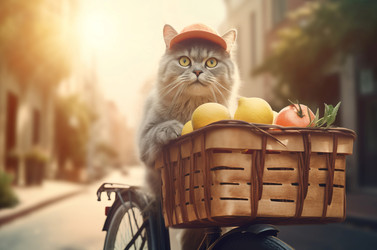 Кошка, доставляющая еду по утрам. Забавный рабочий велосипед для доставки еды в ресторан. Генерировать искусственный интеллект - yliv