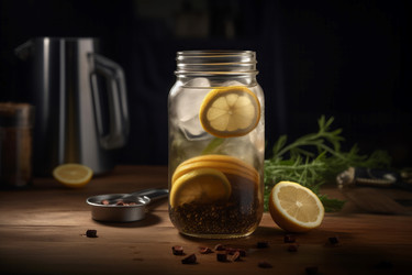 Напиток приобретает хрустящий вкус на деревянном столе. Бодрящий напиток из холодных свежих продуктов. Генерировать искусственный интеллект - yliv