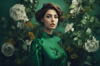 Элегантная женщина-зеленого цвета. Моды цветочный портрет красоты модели. Создать ИИ - yliv