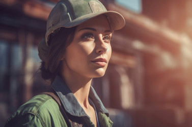 Beautiful woman in construction overalls and safety helmet. Generate ai - yliv