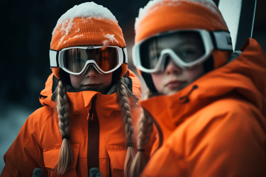 Two girls dressed in wintry orange warm clothes. Generate ai - yliv