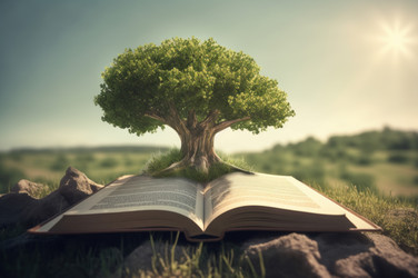 Абстрактная книга с растущим деревом внутри. Откройте книгу по грамотности в зеленой природной среде. Генерировать искусственный интеллект - yliv