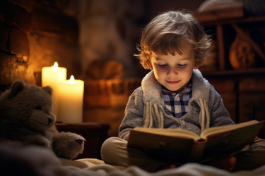 Милый маленький мальчик улыбается и читает книгу дома. Генерировать искусственный интеллект - yliv