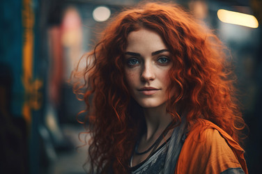 Женщина с рыжими волосами, туманный уличный портрет. Модель fantasy head bow mystic. Генерировать искусственный интеллект - yliv