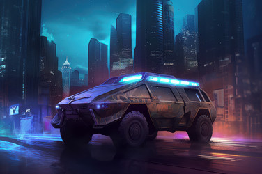 Инновационный светящийся автомобиль Metropolis на фоне города. Генерировать искусственный интеллект - yliv
