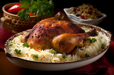 приготовленный рис с мясом птицы. ароматное и вкусное блюдо с большой запеченной курицей. генеративный контент - yliv
