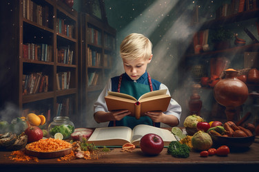 белокурый мальчик читает кулинарную книгу. генеративный контент - yliv