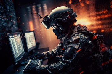 оснащенный военный обезвреживает компьютер противника. кибер-цифровая операция по разоружению противника. генеративный контент - yliv