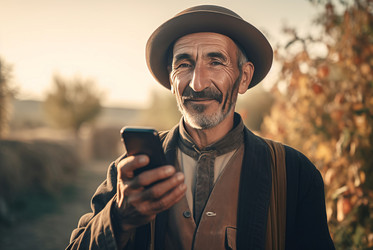 фермер в шляпе, держащий телефон. генеративный контент - yliv