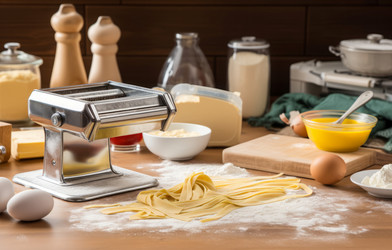 Макаронница с тестом и продуктами на кухне. Генерировать искусственный интеллект - yliv