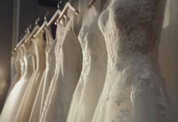 Элегантное свадебное платье на вешалках. Магазин модного дизайна silk luxury. Генерировать искусственный интеллект - yliv