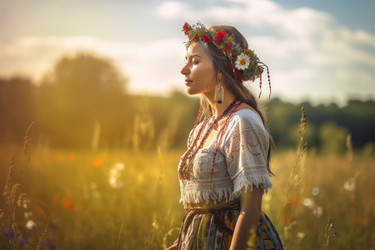 Славянская девушка в сарафане с цветочной короной на сельском лугу. Генерировать искусственный интеллект - yliv