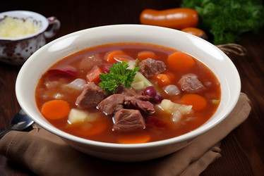 Красный томатный суп с мясом блюдо. Создать ИИ - yliv