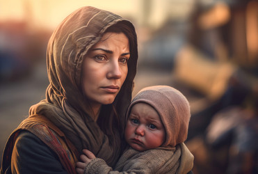 Бездомная печальная женщина держит на руках младенца. Генерировать искусственный интеллект - yliv