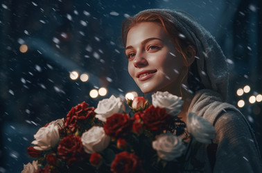 счастливая женщина с букетом алых роз для предложения руки и сердца. романтический цветочный подарок на помолвку пары. генеративный контент - yliv