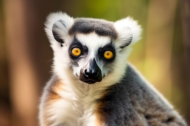 Closeup photo of lemur with orange eyes. Grey tropical jungle animal with striped fur. Generate ai - yliv