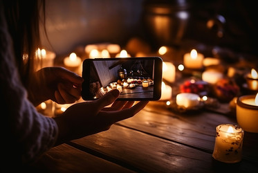 руки, держащие телефон, фотографируют вечеринку с рождественским подарком. генеративный контент - yliv