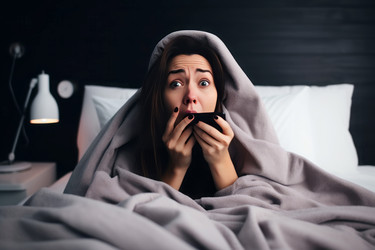 напряженная брюнетка лежит в постели со смартфоном. испуганная дама с телефоном под одеялом. генеративный контент - yliv