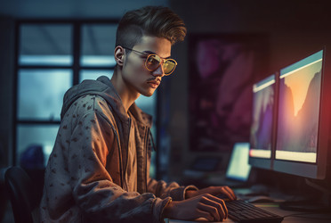 мужчина-модельер работает за компьютером. генеративный контент - yliv