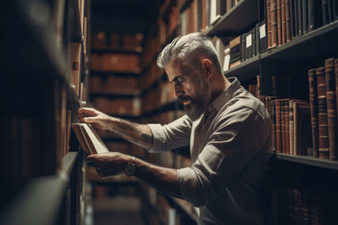 зрелый мужчина читает книги из библиотеки. мужественный и серьезный парень с прогрессирующими татуировками. генеративный контент - yliv