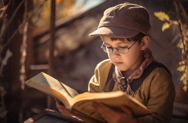 молодой парень в очках читает книгу на открытом воздухе. увлеченный маленький мальчик изучает литературный сборник рассказов. генеративный контент - yliv