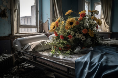 Букет цветов на больничной койке, вид на разбомбленный город. Генерировать искусственный интеллект - yliv